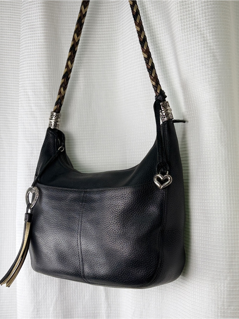 Brighton Barbados Black Pebbled Leather Hobo Bag | Braided Strap | EUC